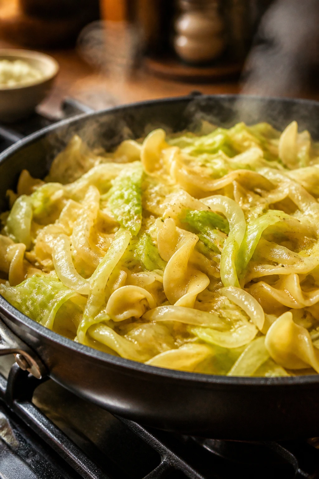 Close-up of a skillet with cabbage and noodles cooking on the stove