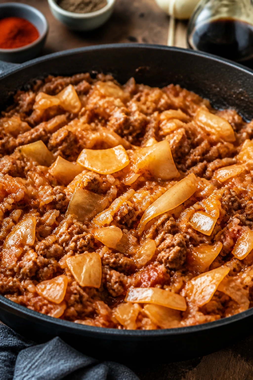 Cabbage Roll Skillet with cabbage, beef and rice in sauce