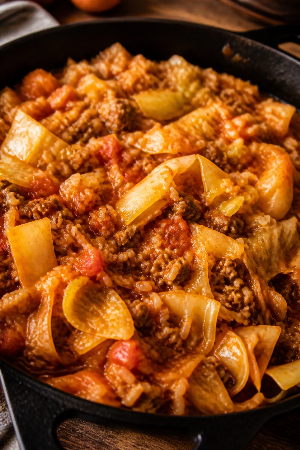 One-pan skillet with beef, rice, tomato sauce and cabbage filling the frame