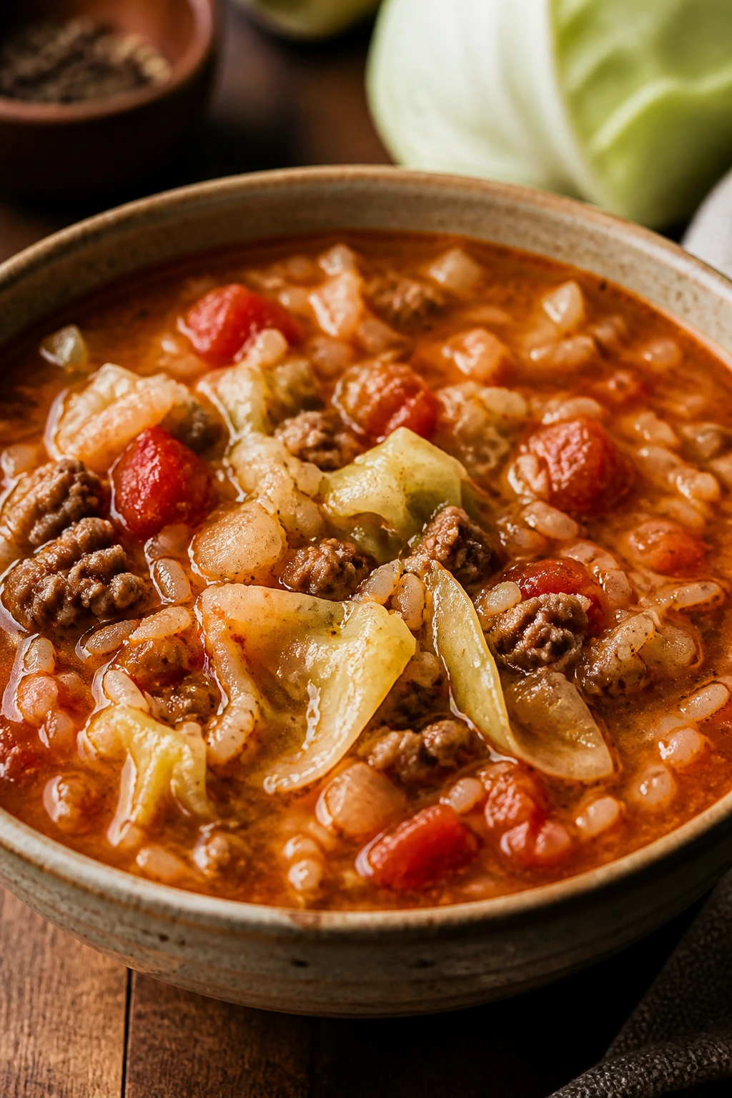 Hearty cabbage roll soup with beef, cabbage, and rice in a bowl.