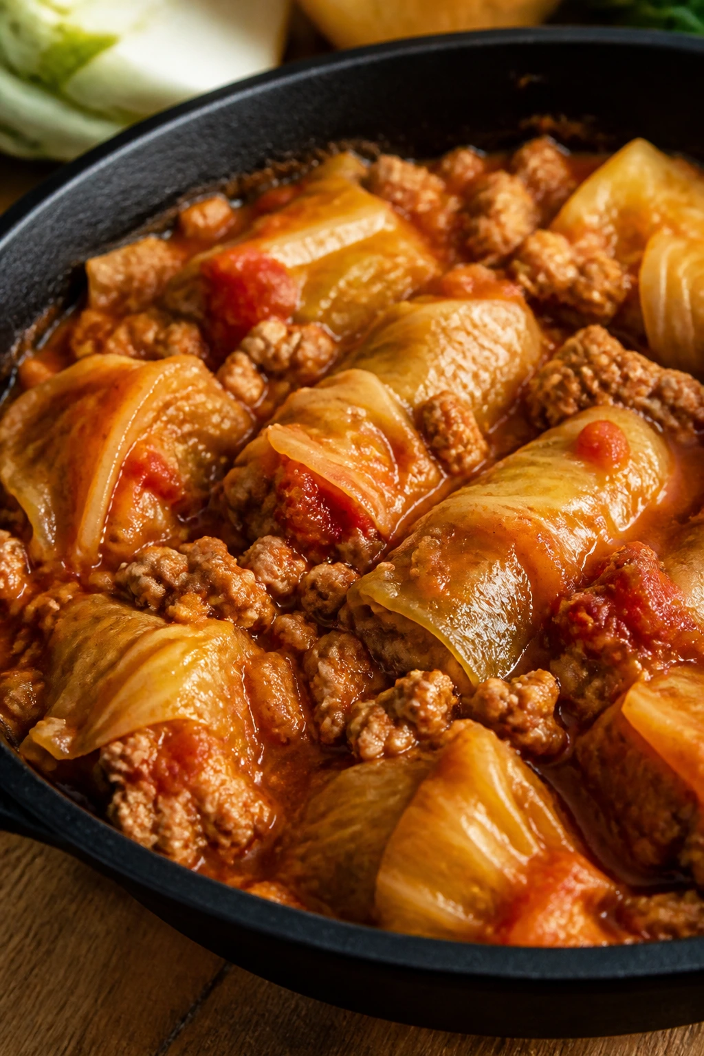 Close-up cabbage roll skillet with ground turkey in tomato sauce