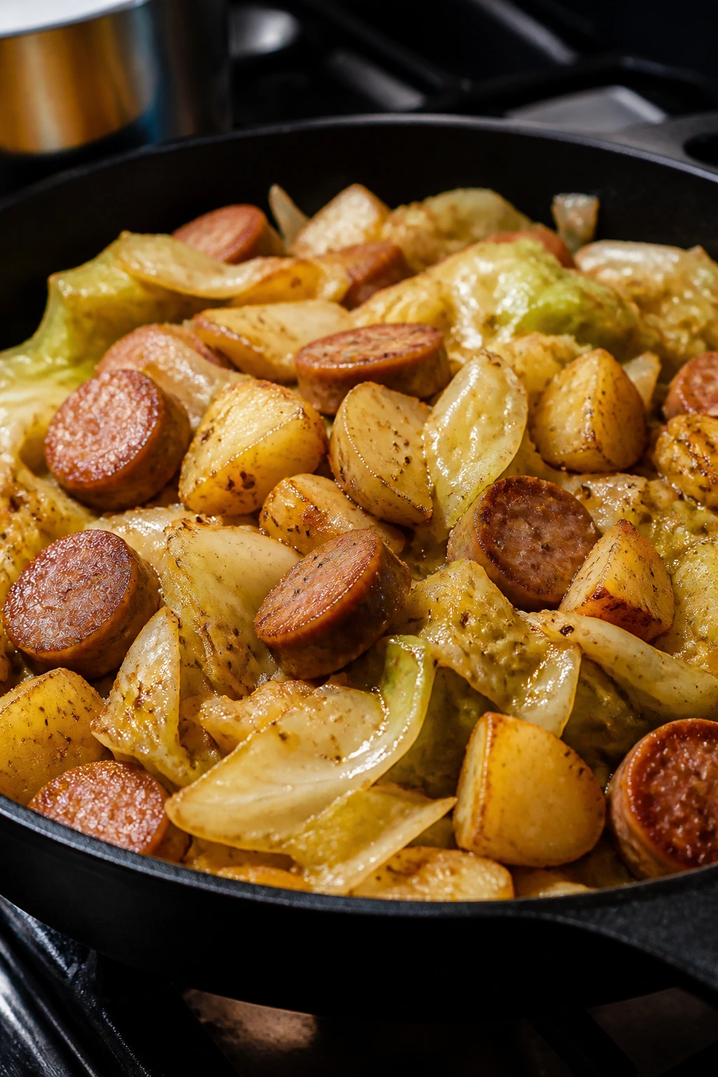 Skillet with browned sausage, cabbage, and potatoes
