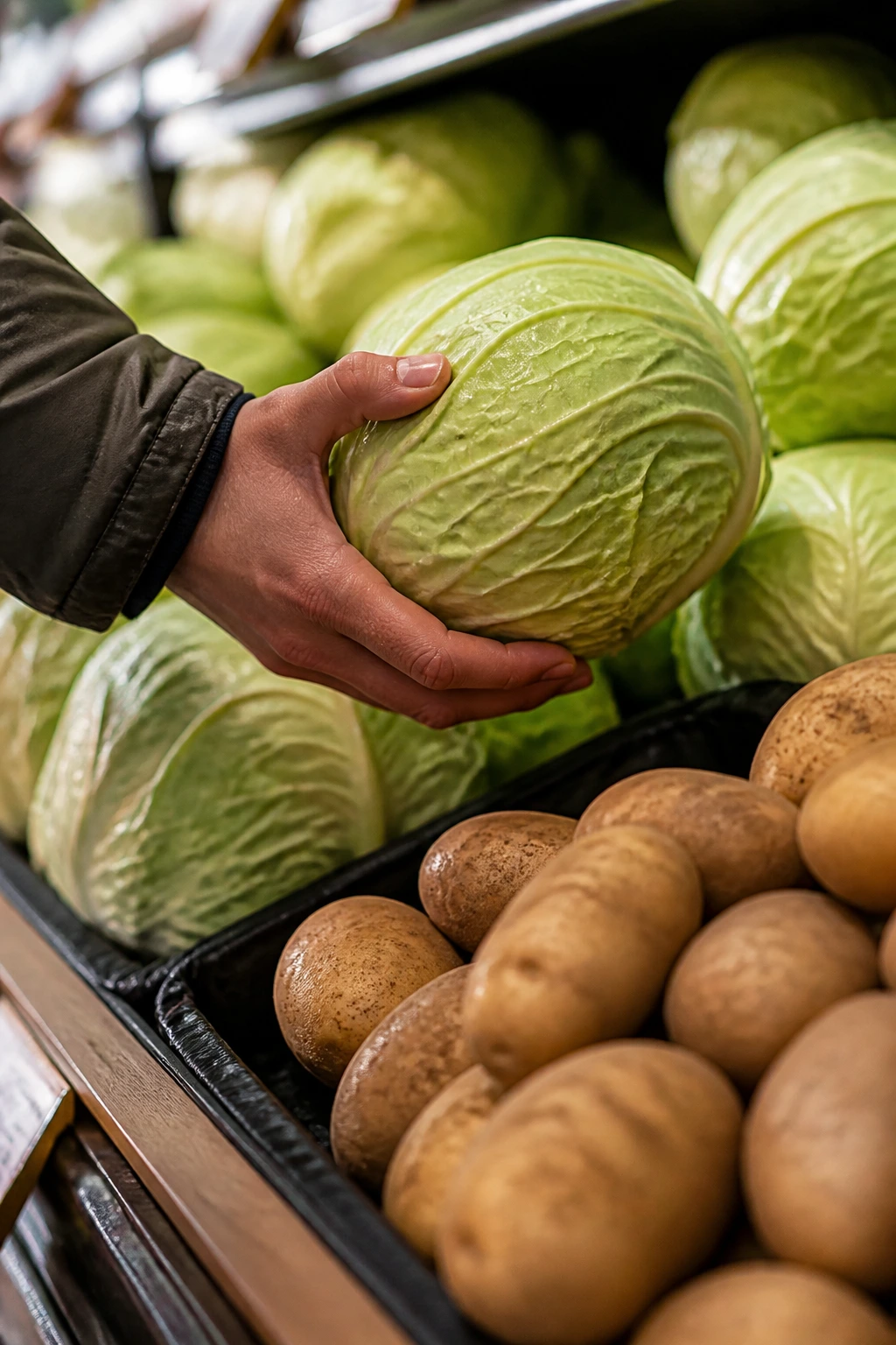 Hand selecting green cabbage at grocery store with potatoes nearby