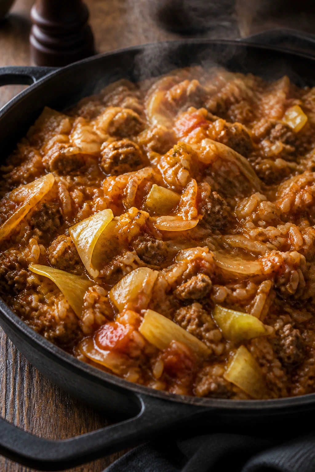 Skillet with chopped cabbage, ground beef, and rice in tomato sauce