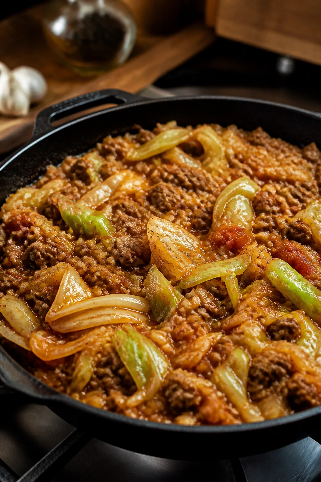 Close-up of Cabbage Roll Skillet with cabbage, beef, rice, and tomato sauce in a skillet