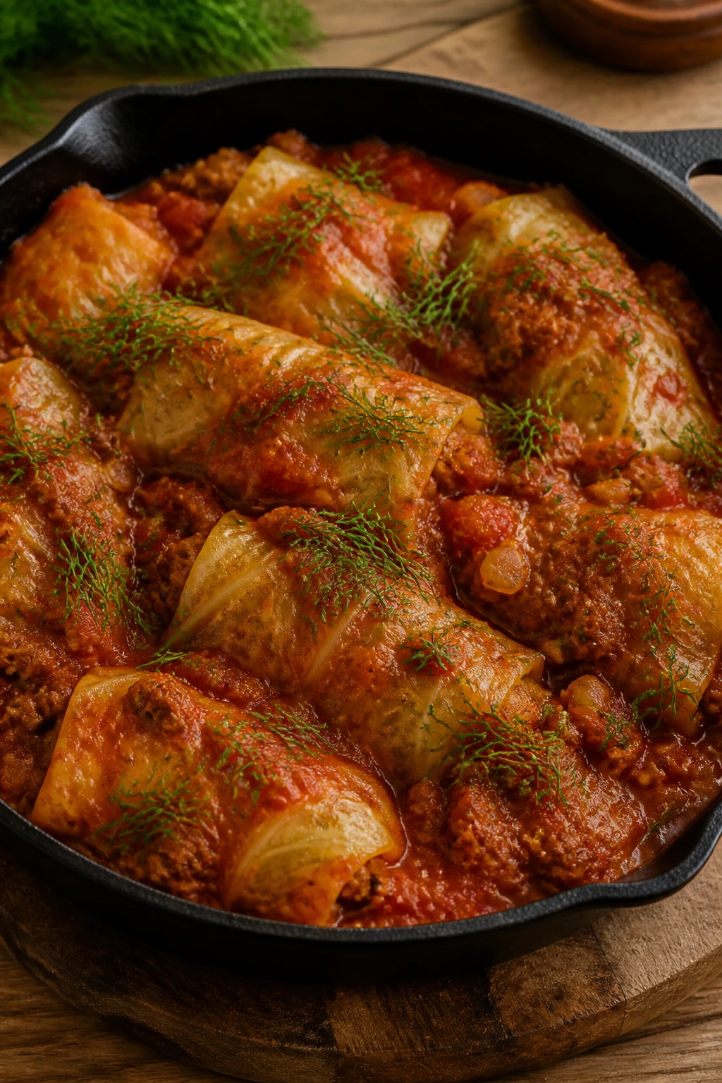 Skillet of cabbage roll dish with tomato and dill close-up
