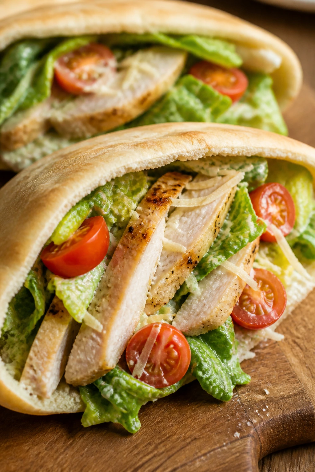 Close-up of Caesar chicken pita filled with romaine and parmesan
