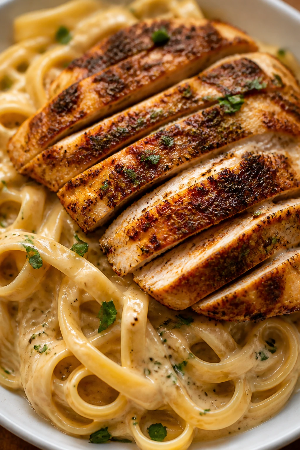 Cajun chicken over fettuccine in creamy Alfredo sauce
