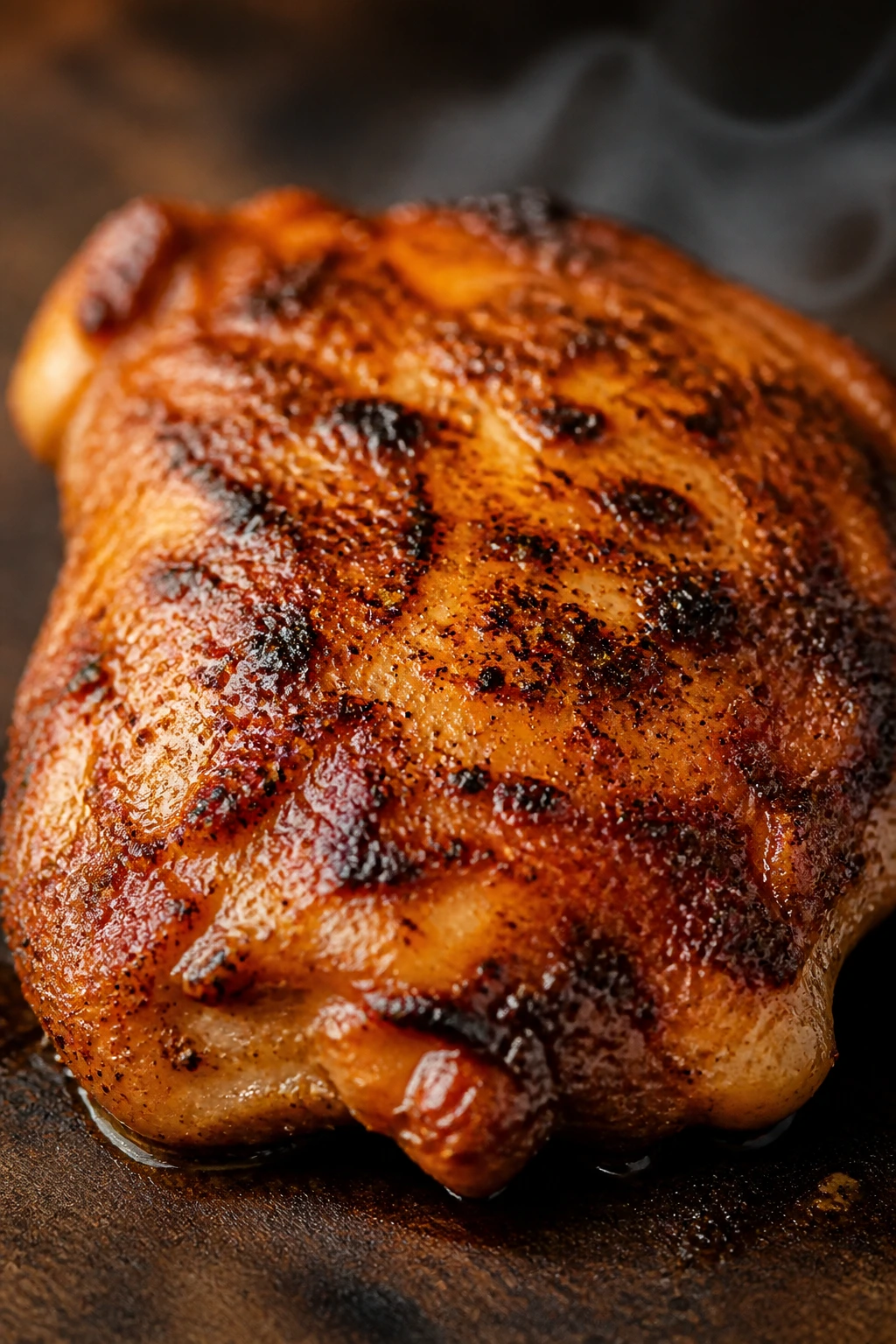 Close-up of Cajun-spiced buttermilk chicken thigh on a rustic counter