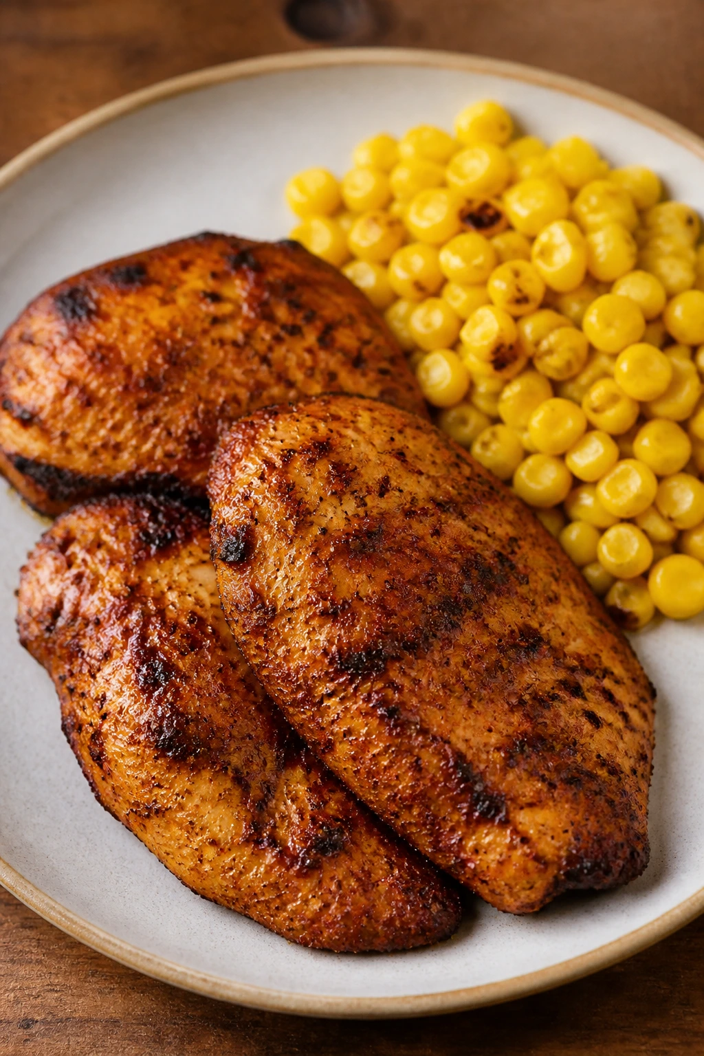 Cajun chicken cutlets with corn on a plate.