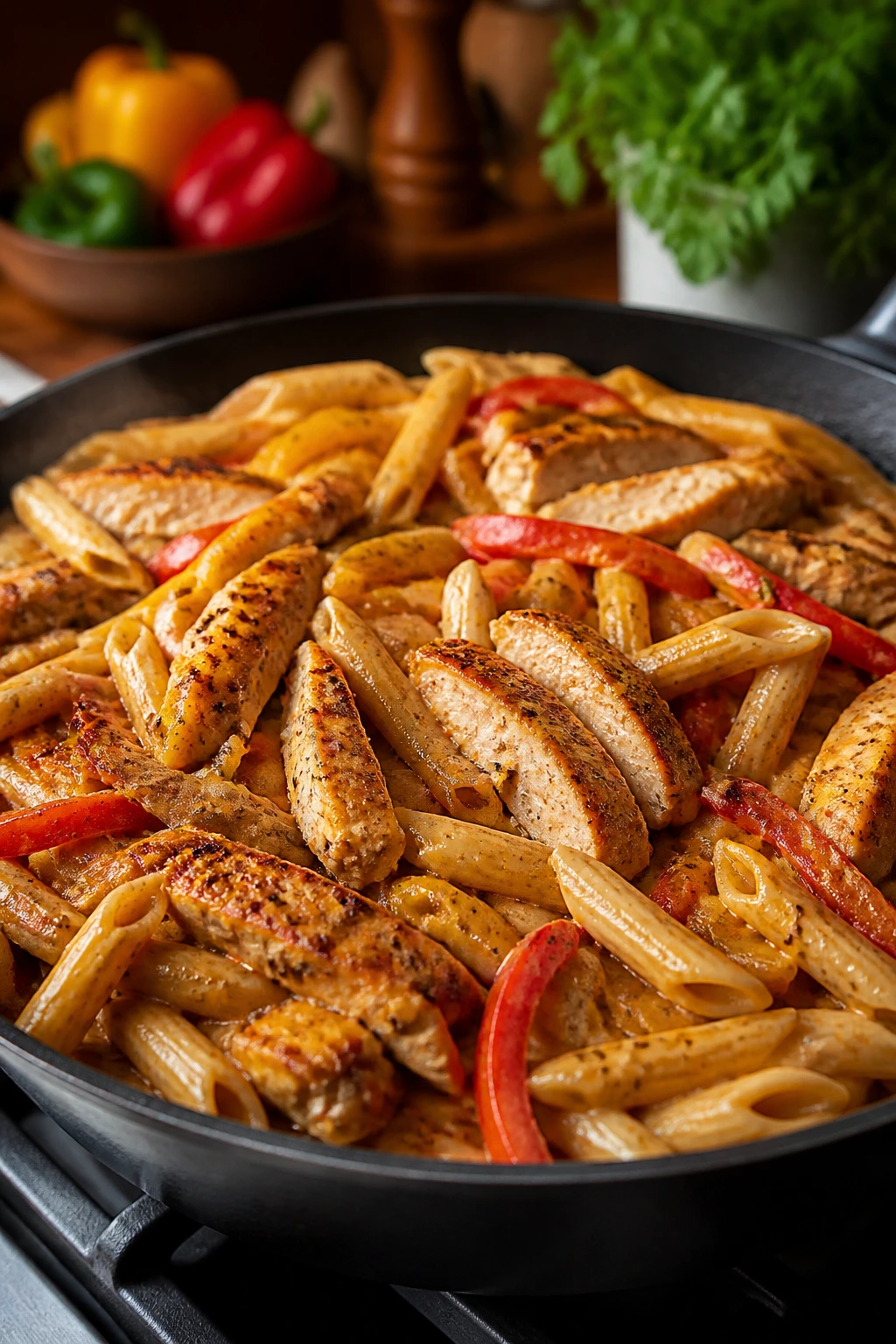 Cajun chicken pasta in a skillet with colorful peppers
