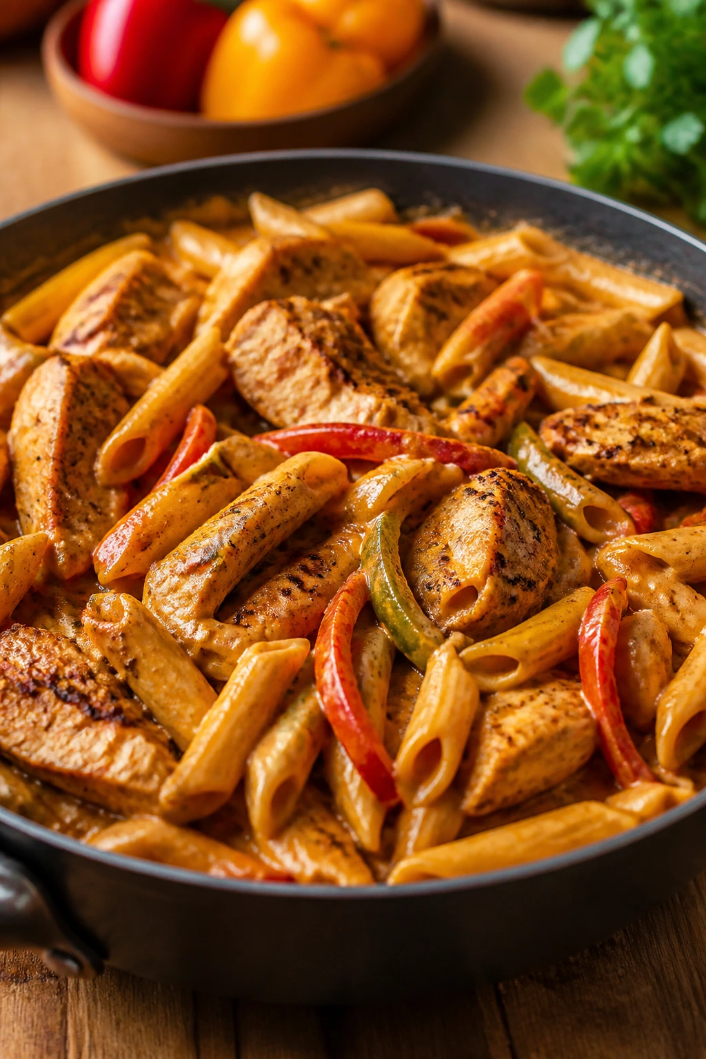 Close-up of Cajun chicken pasta with peppers in a creamy sauce