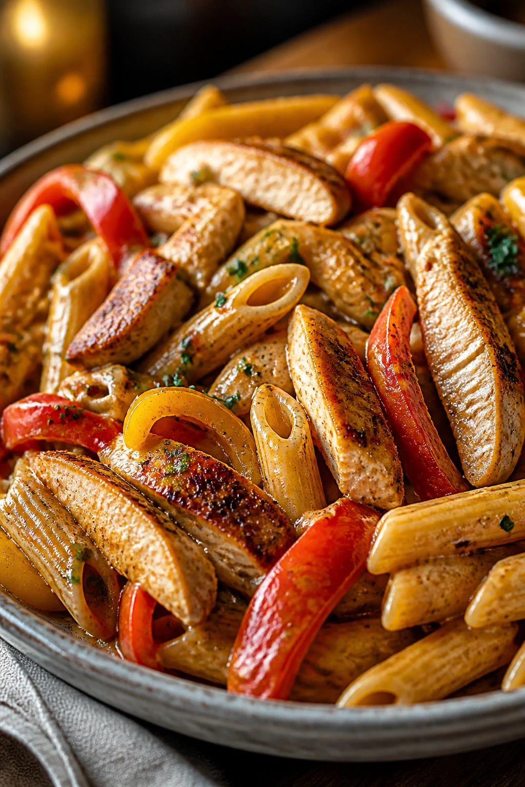 Close-up of Cajun chicken pasta with peppers in creamy sauce