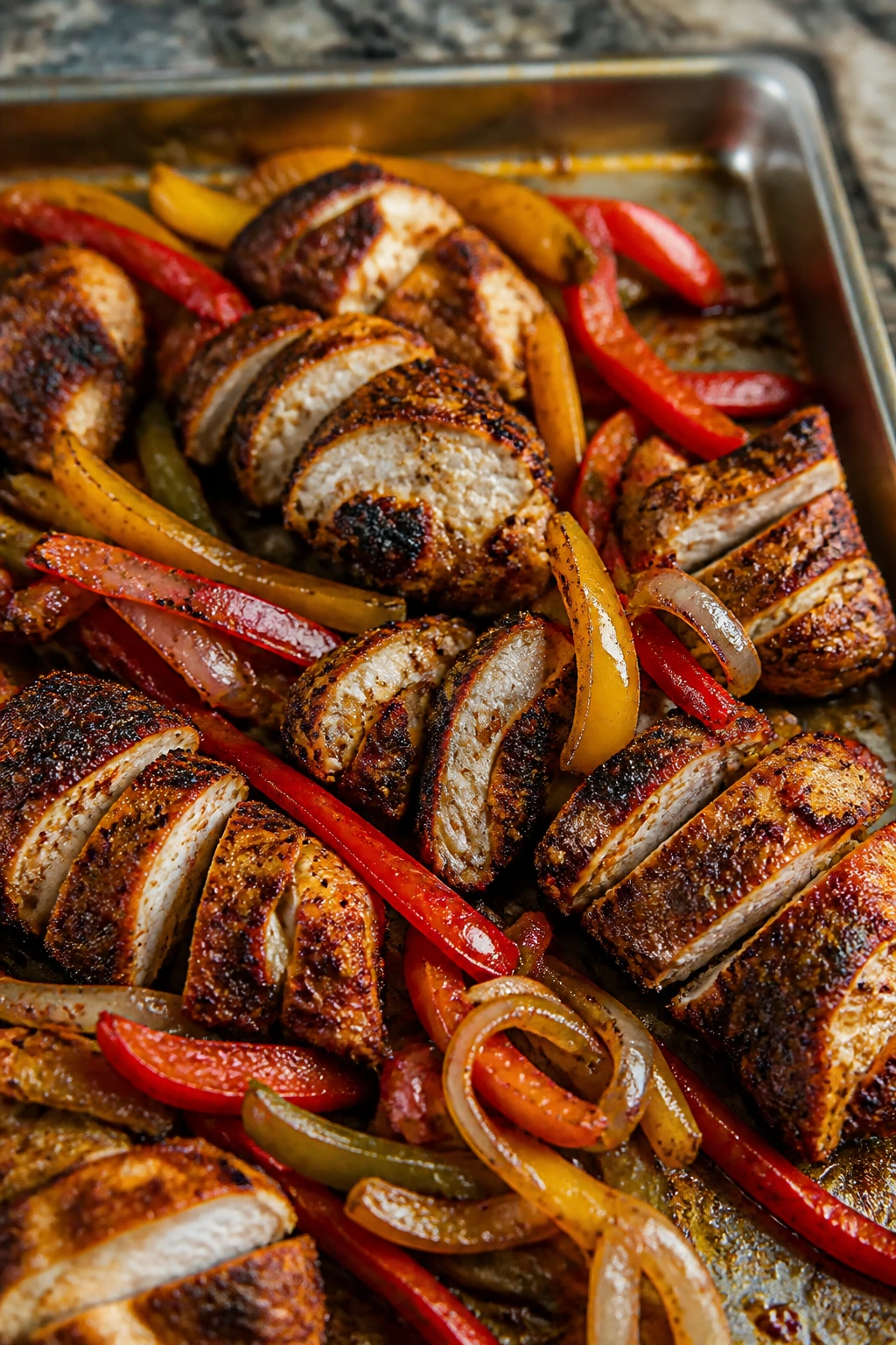 Close-up of Cajun chicken with peppers and onions on a sheet pan