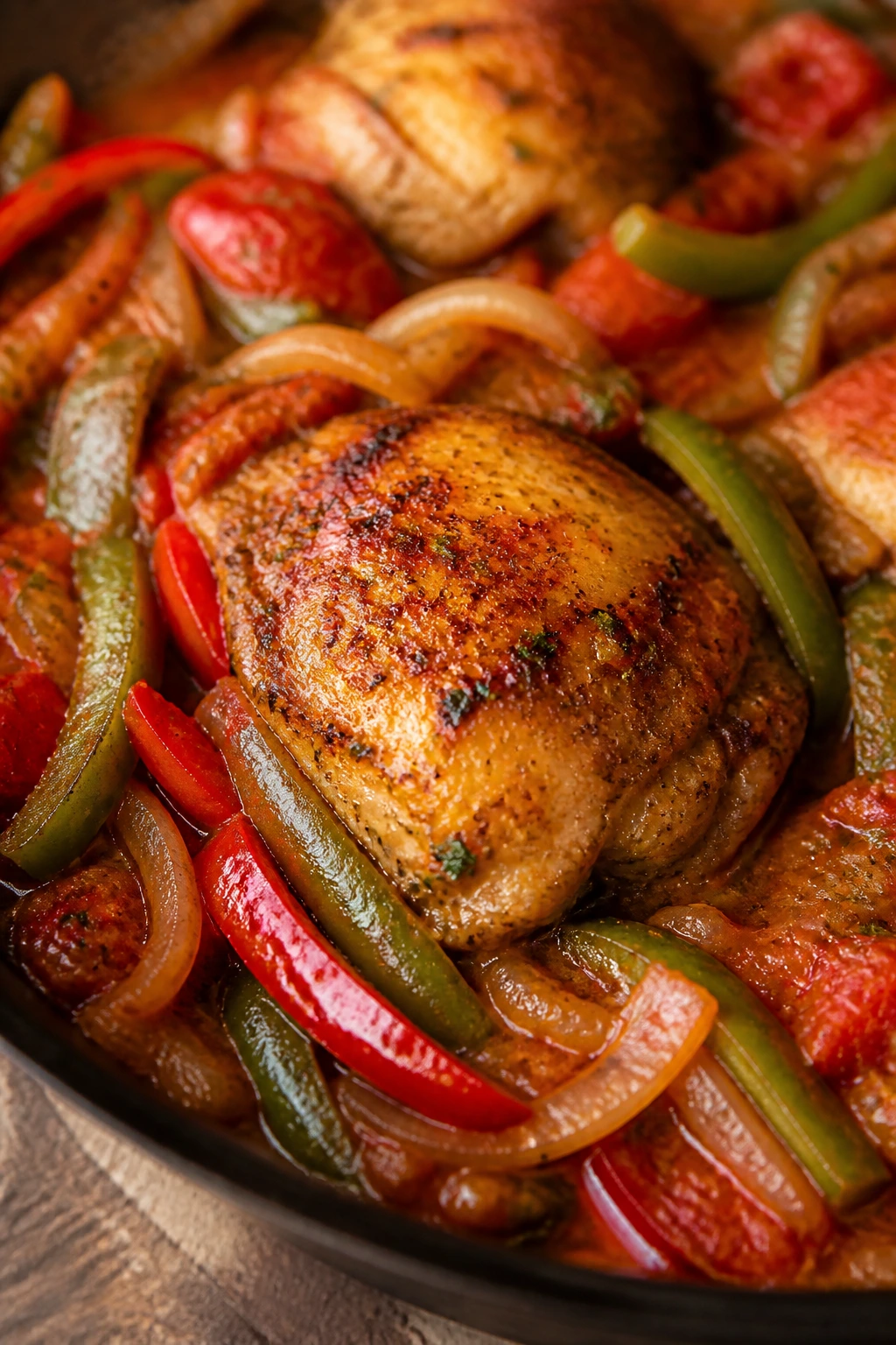 Close-up of Cajun smothered chicken with peppers and tomatoes in a skillet