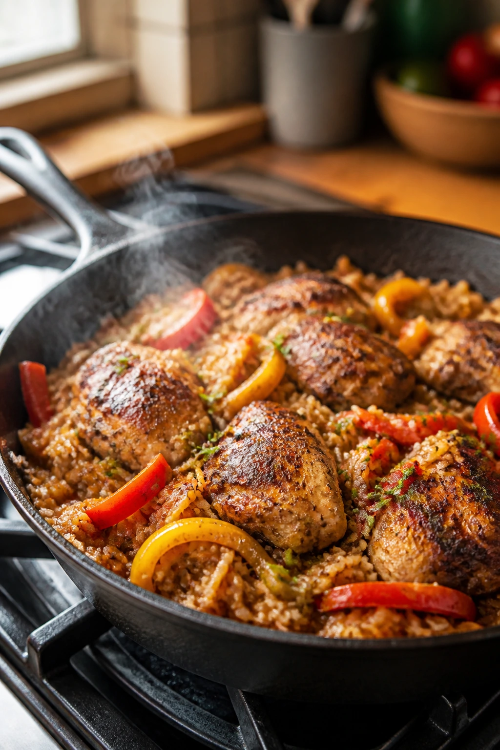 Close-up of Cajun Chicken and Rice Skillet with chicken, peppers, and rice