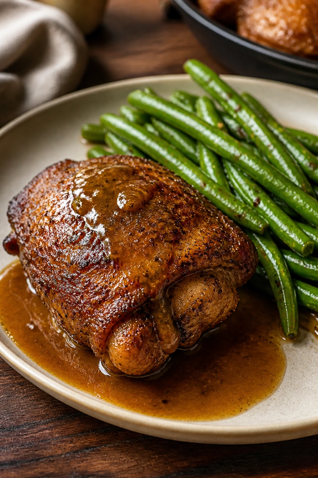 Close-up of Cajun chicken thigh with pan gravy and green beans