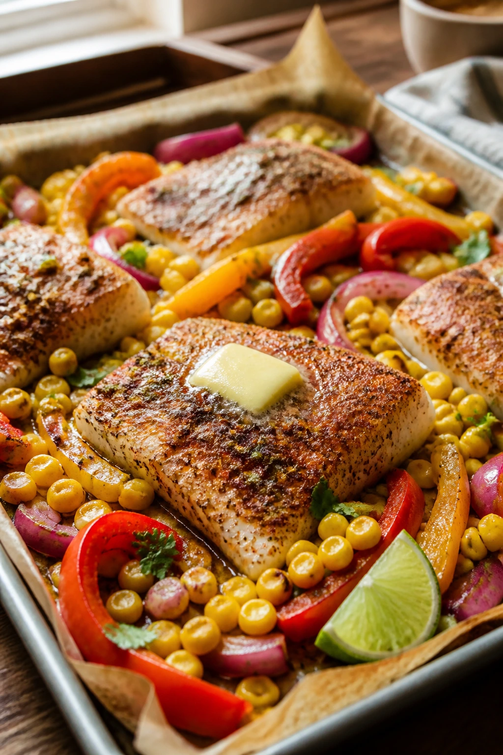 Close-up of Cajun cod fillets with corn and peppers on a parchment-lined sheet pan in a warm kitchen