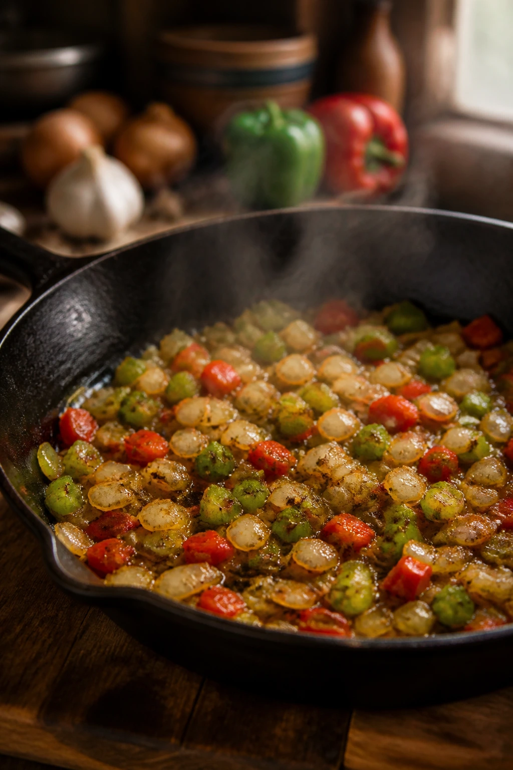 Sizzling Cajun trinity in a skillet illustrating dinner efficiency