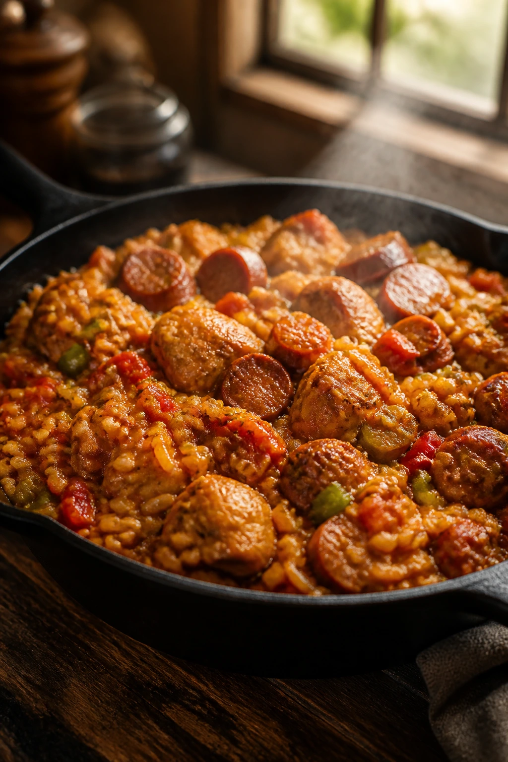 Close-up of a steaming cast-iron skillet filled with jambalaya featuring sausage, chicken and peppers