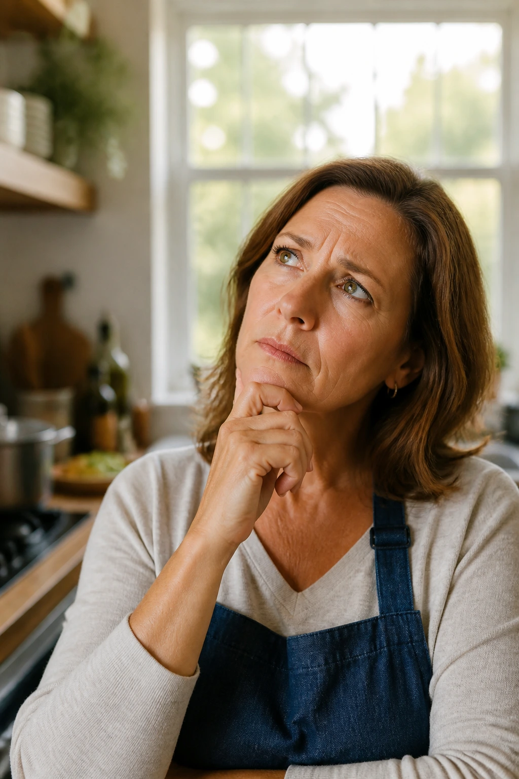 Portrait of a real person in a home kitchen deep in thought
