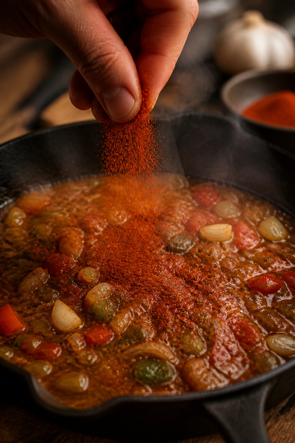 Hand sprinkling paprika into Cajun pan sauce