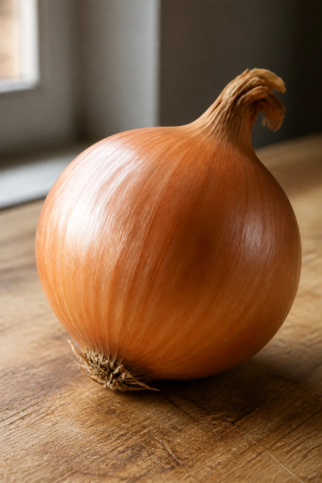Single fresh onion on kitchen counter, emphasizing quality ingredients