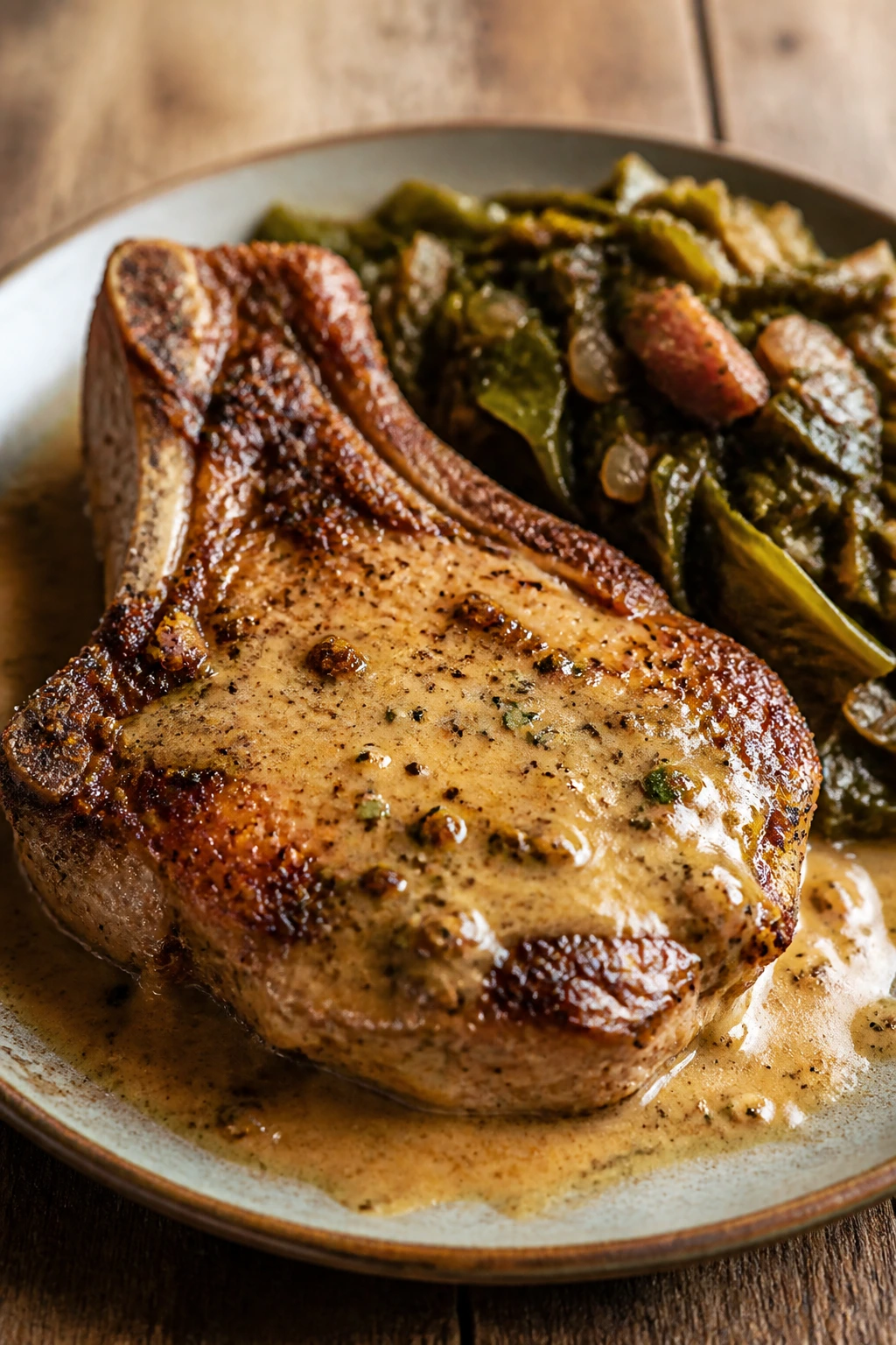 Close-up of Cajun pork chop with creamy pan sauce and collard greens on rustic plate