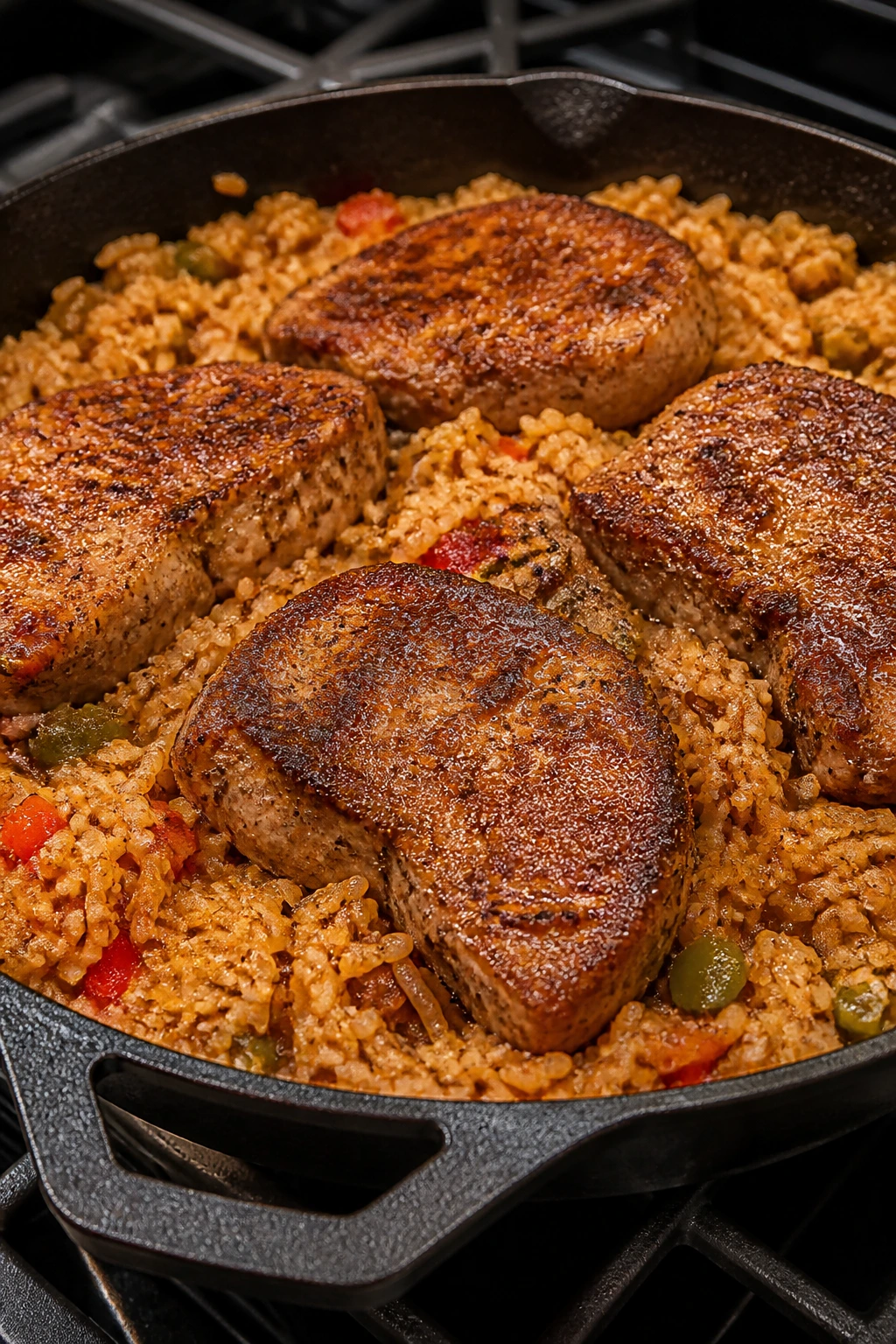 Cajun pork chops over seasoned rice in a skillet