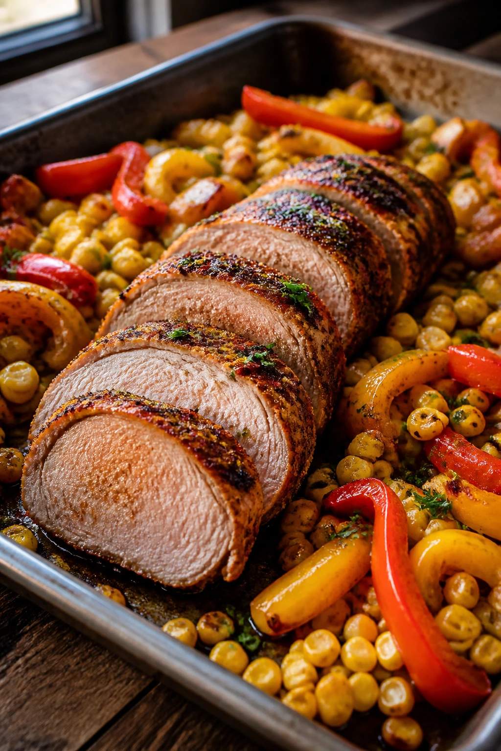 Close-up of Cajun pork tenderloin with corn and bell peppers on a sheet pan