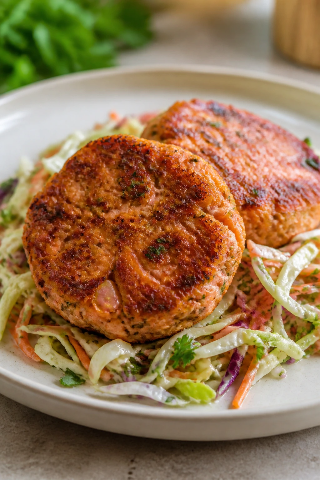 Close-up of Cajun salmon cakes on a crunchy slaw
