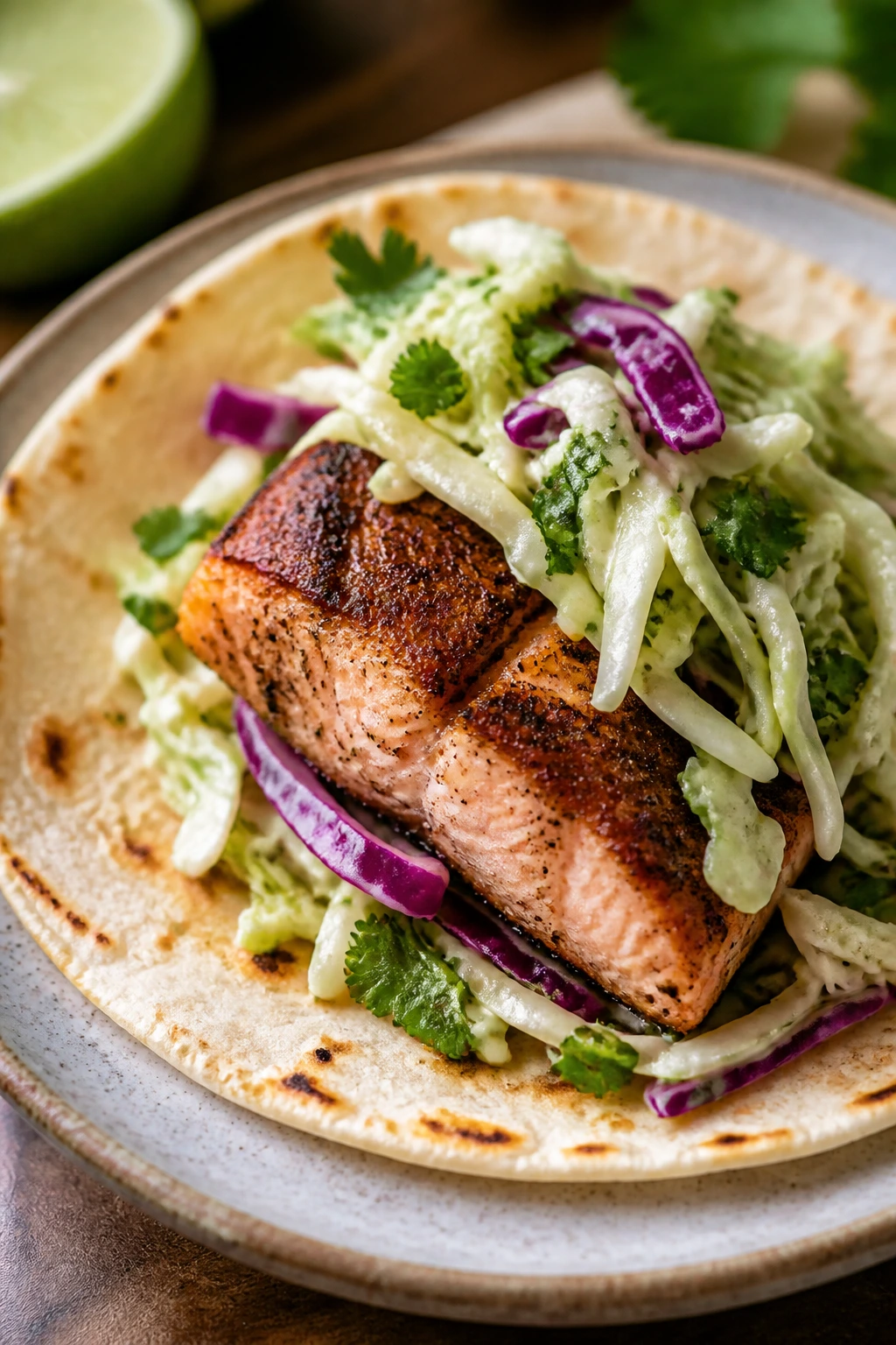 Cajun salmon taco with lime slaw on a plate