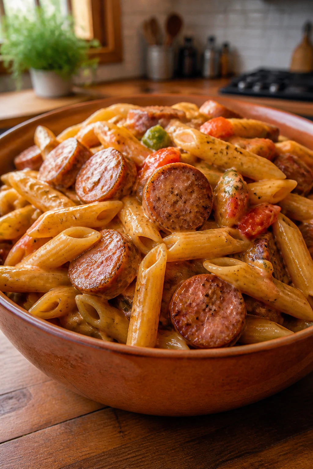 Close-up of Cajun sausage penne in creamy sauce with peppers
