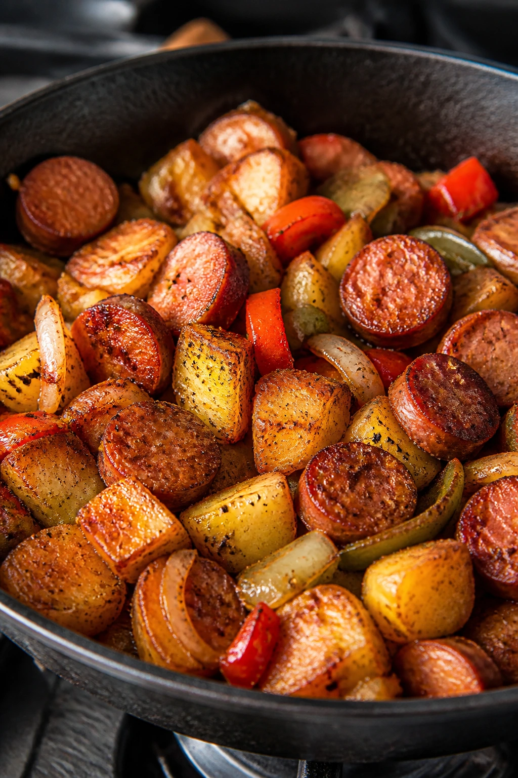 Close-up of Cajun sausage and potatoes in a skillet