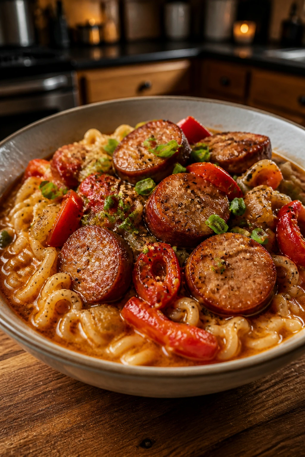 Close-up of Cajun sausage ramen with red peppers in bold broth