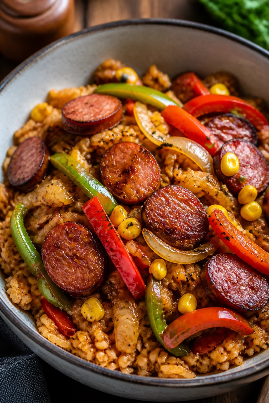 Close-up of Cajun sausage rice bowl with peppers and corn