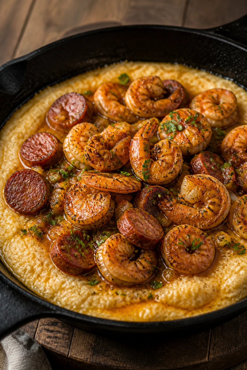 Medium close-up of shrimp and grits in a skillet