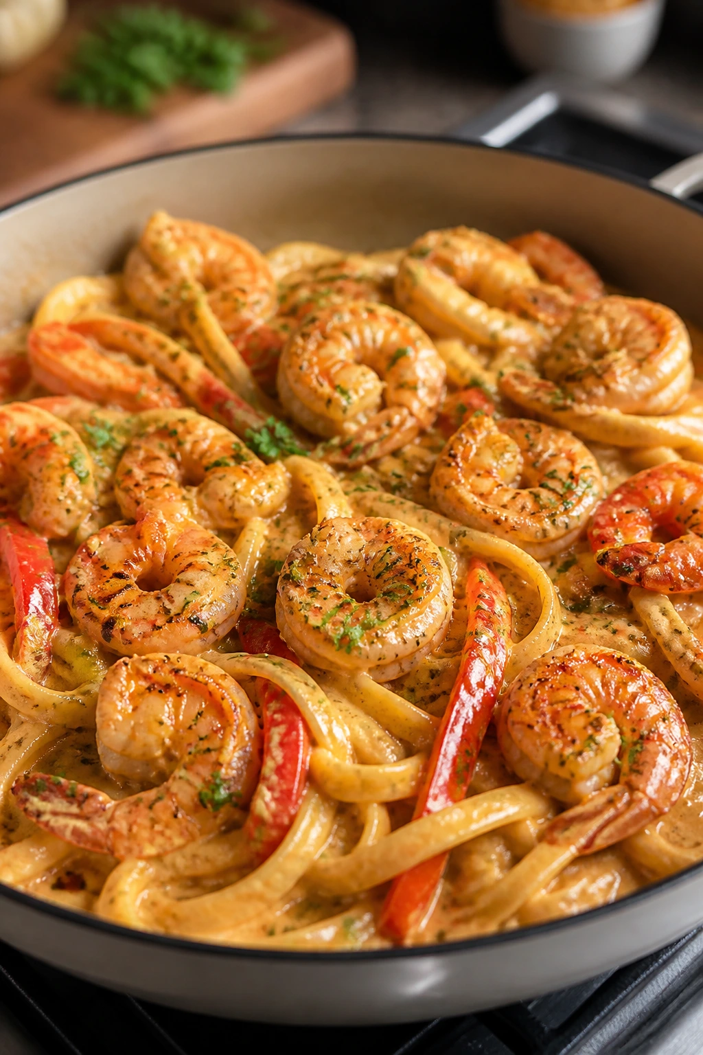 Close-up of Cajun shrimp pasta with peppers and creamy sauce