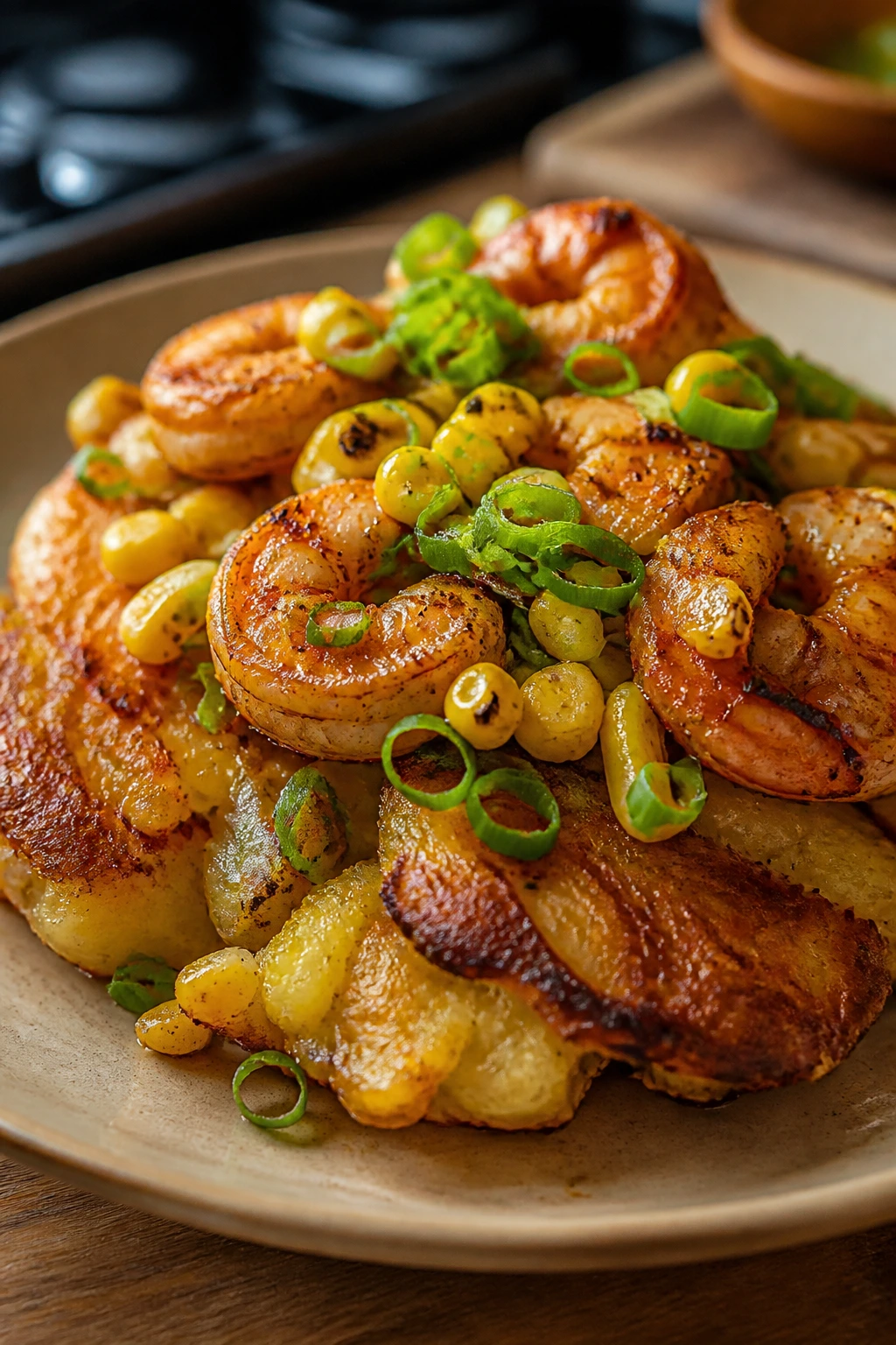 Close-up of Cajun shrimp with corn and scallions on smashed potatoes