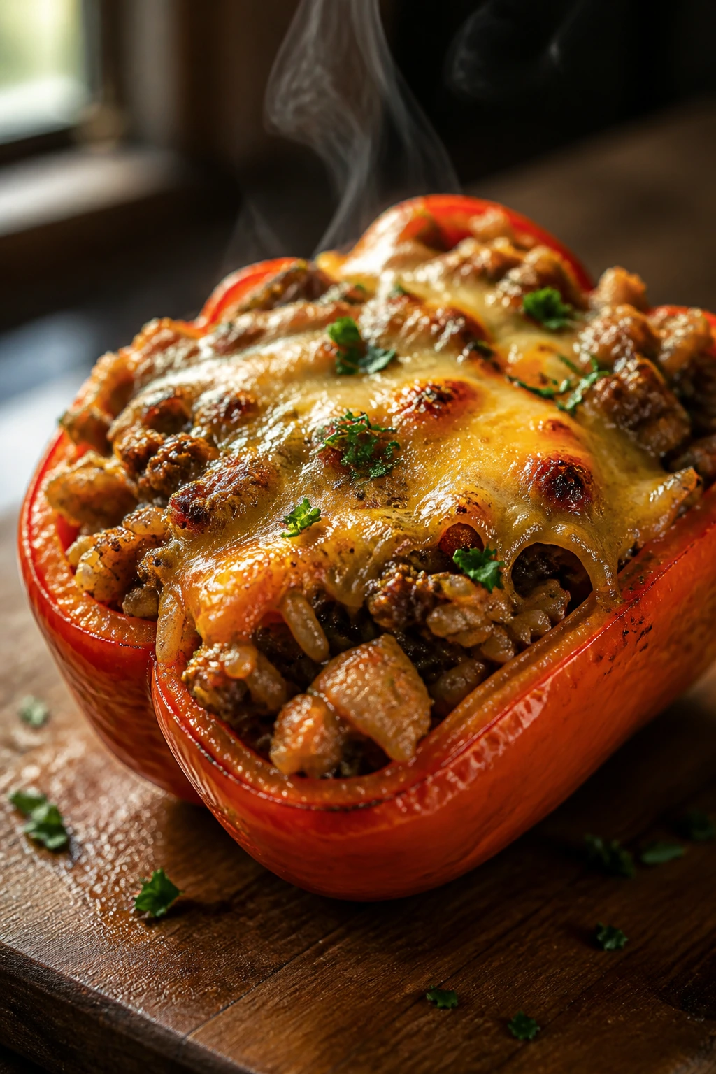 Close-up of a Cajun stuffed bell pepper with browned cheese in a rustic kitchen
