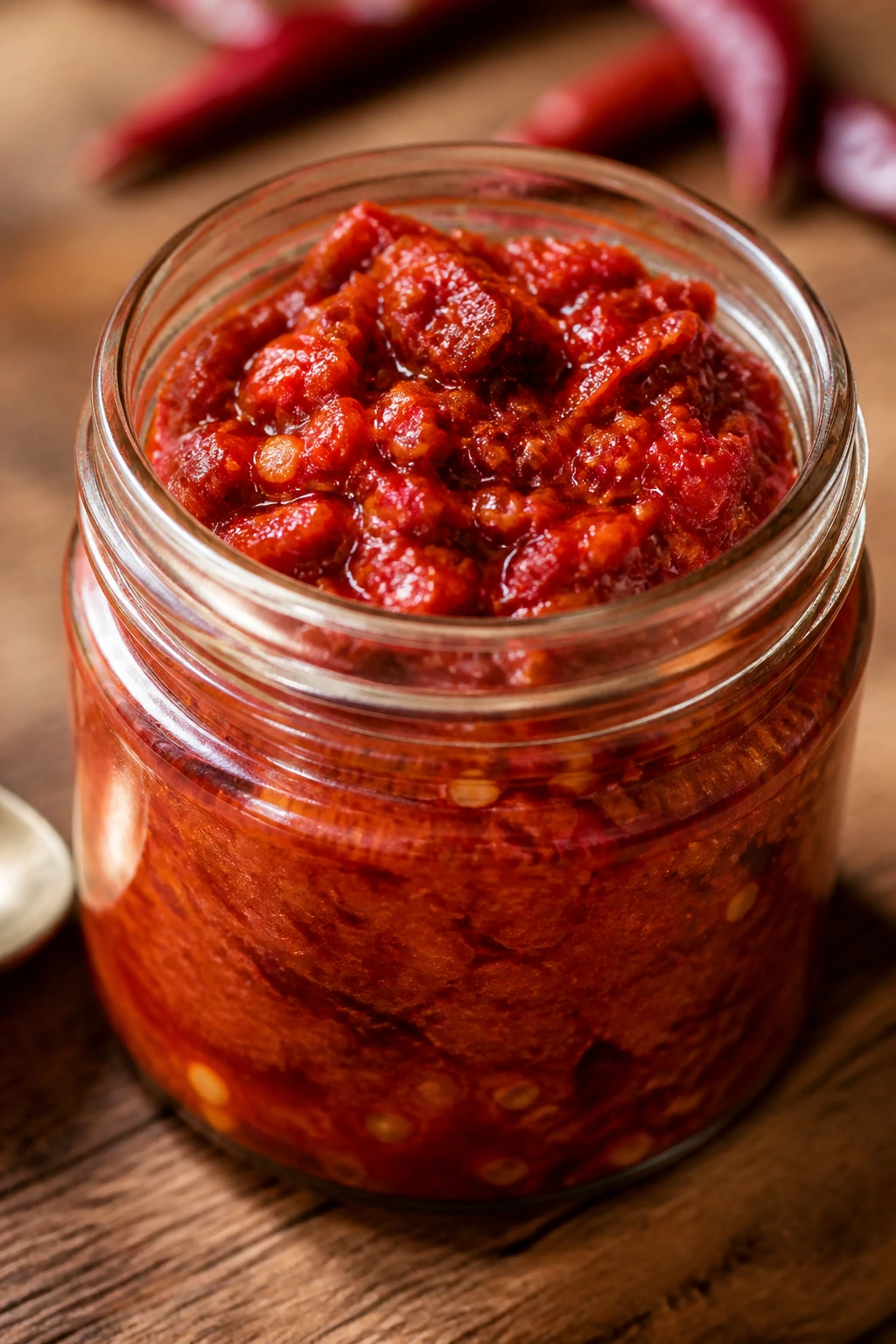 Small jar of Calabrian chili paste on wood
