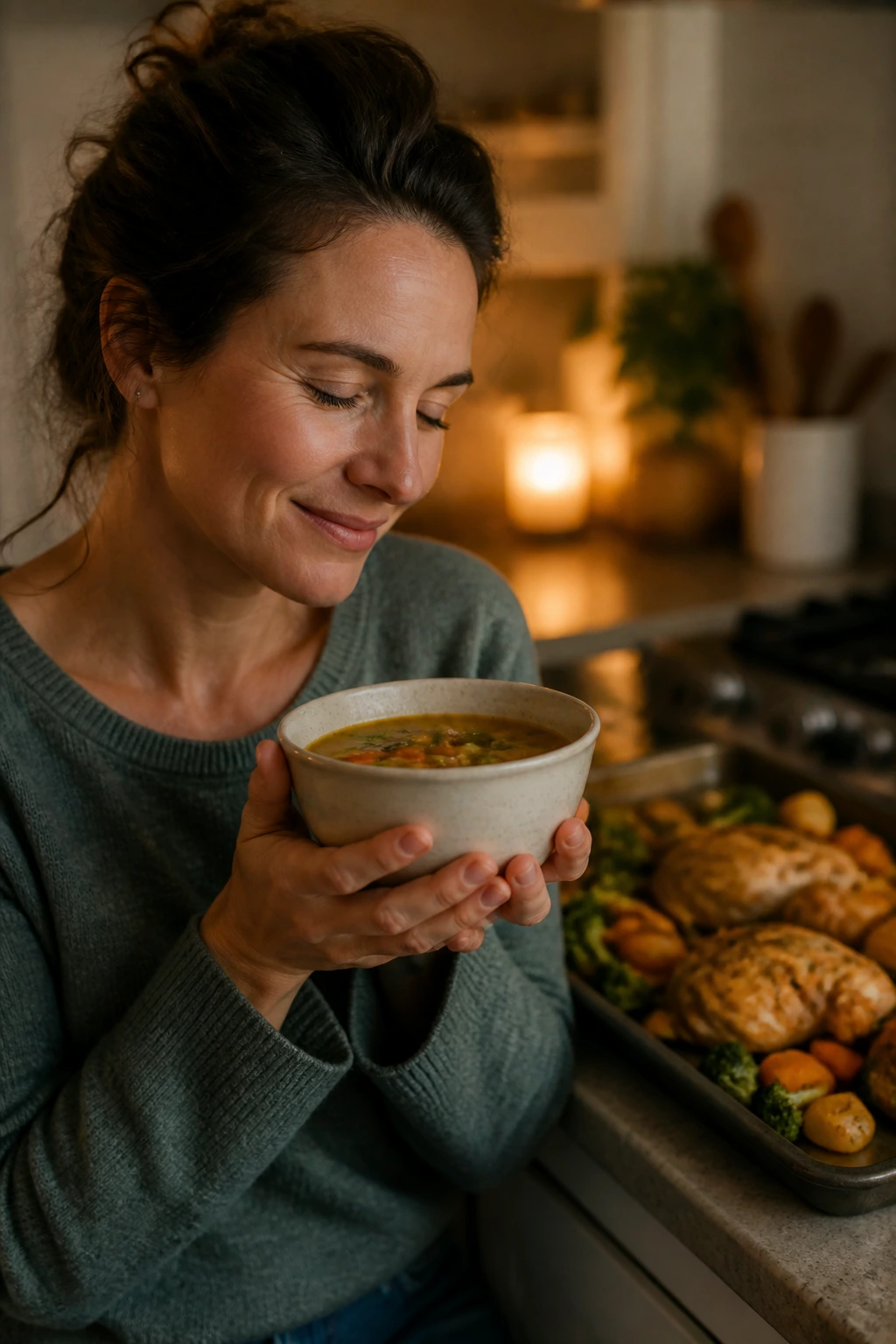 Calm real-person portrait in a cozy kitchen with a comforting dinner