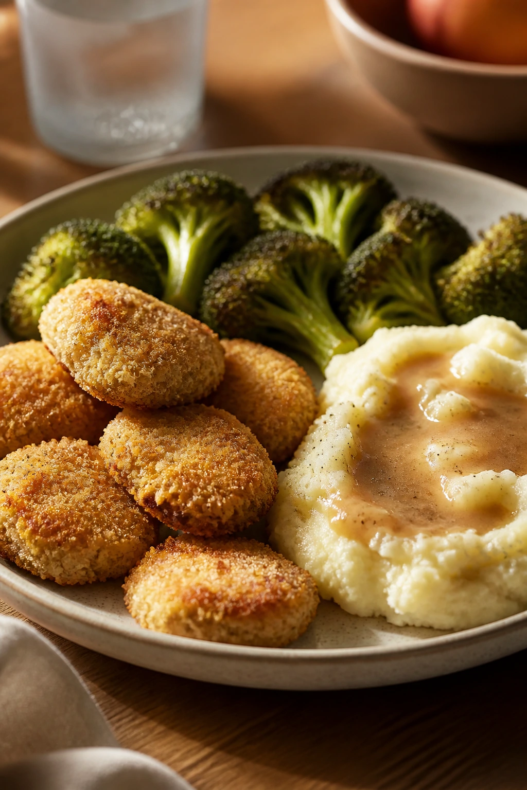 Calm vegan dinner plate on a warm dining table