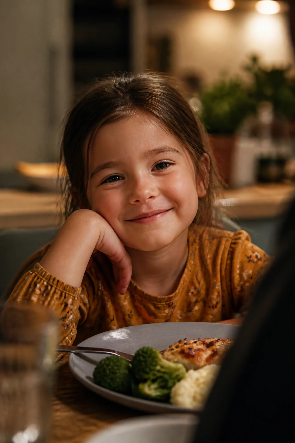 Close-up portrait of a smiling child at a dinner table in a cozy kitchen with warm light