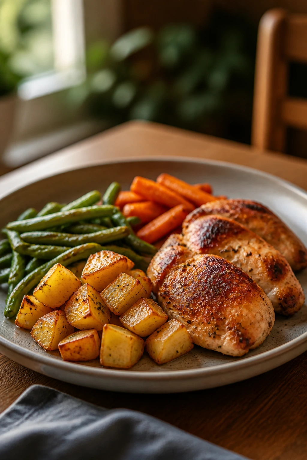 Close-up of a calmly plated sheet-pan dinner on a wooden table with warm lighting.