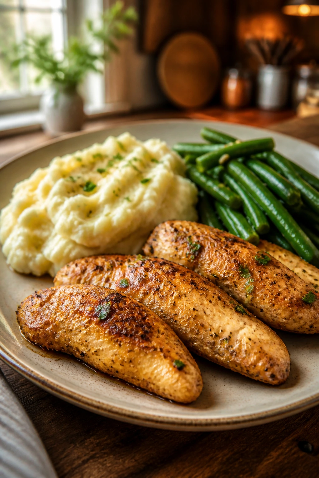 Close-up of a comforting gluten-free dinner plate with chicken tenders, mashed potatoes, and green beans in a cozy kitchen.