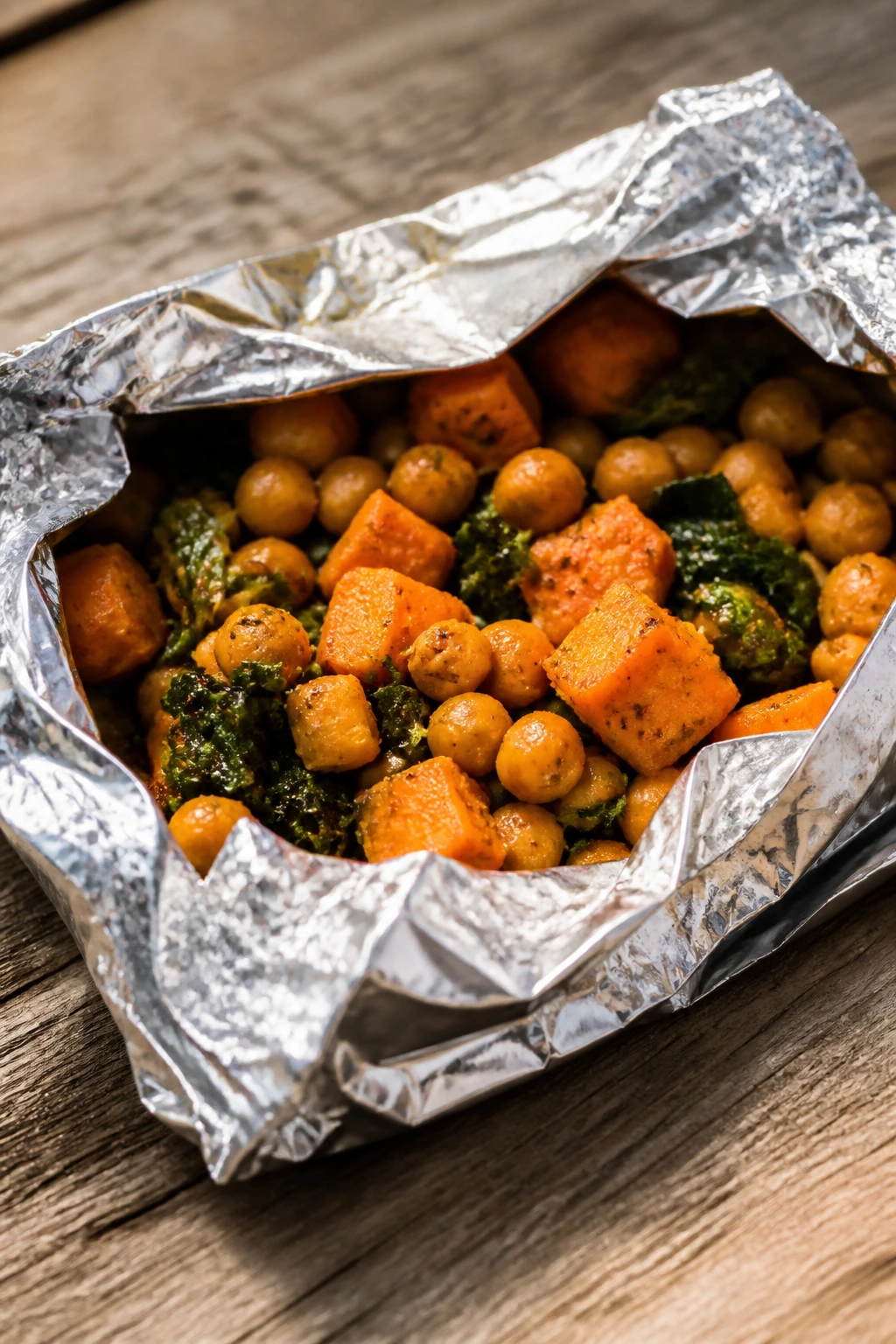 Foil packet opened to reveal chickpeas and vegetables at campsite