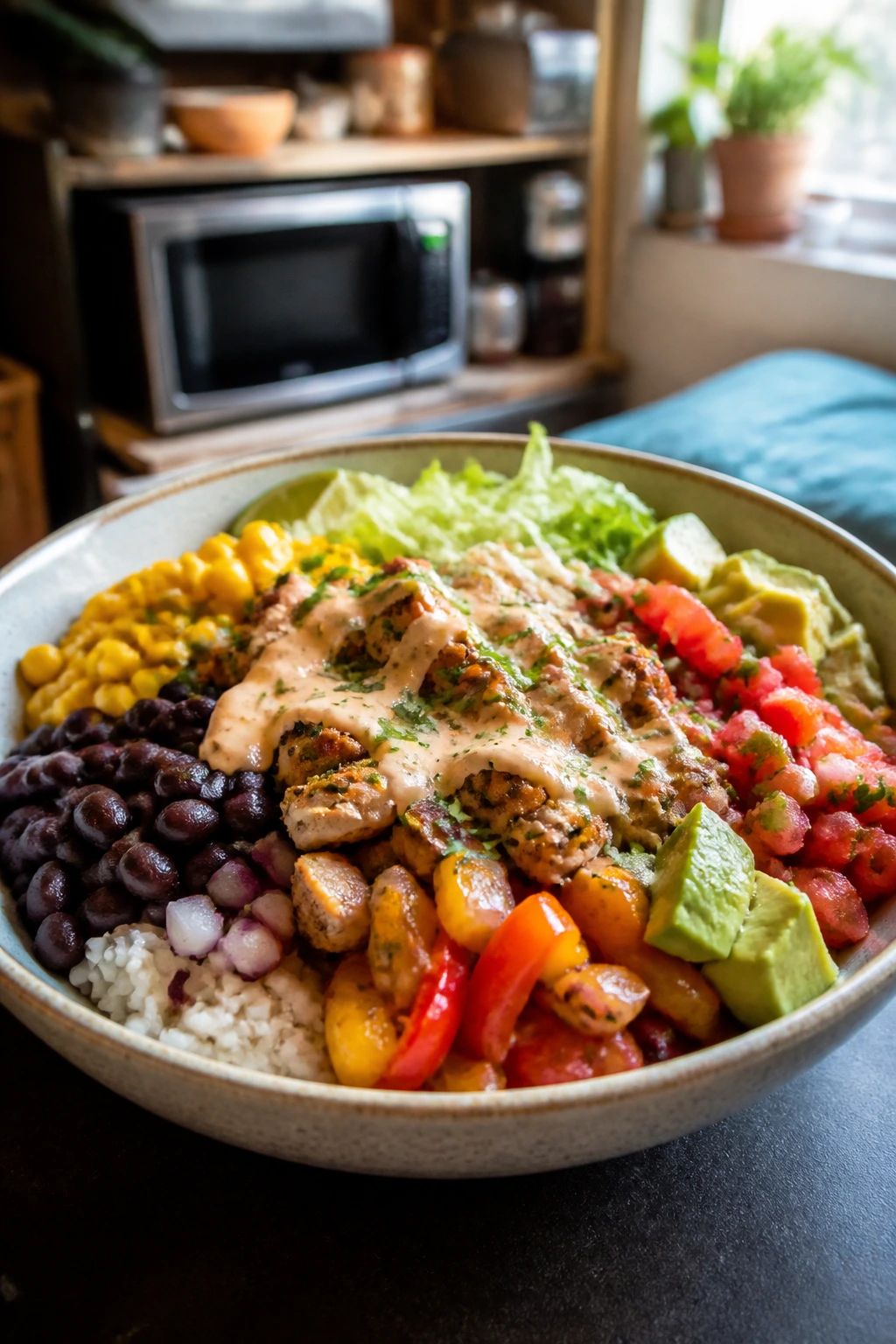 Burrito bowl with toppings in a dorm kitchen