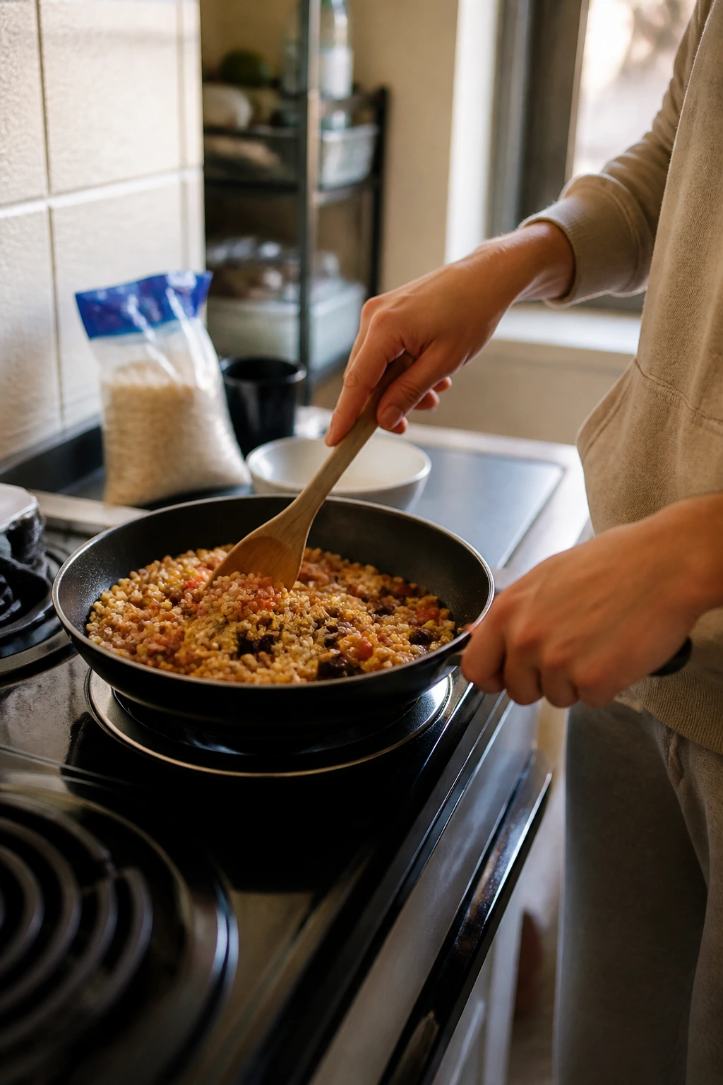 Dorm kitchen scene with a student cooking in a compact skillet for campus-friendly dinners