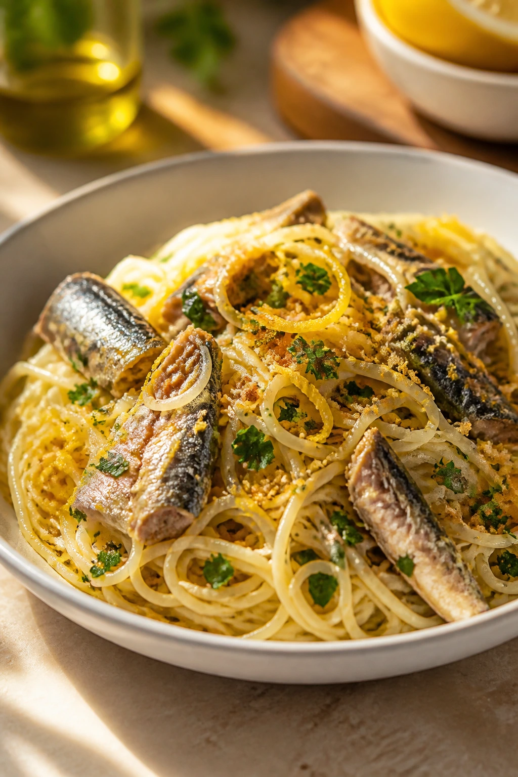 Close-up of capellini pasta with sardines and parsley in a bowl